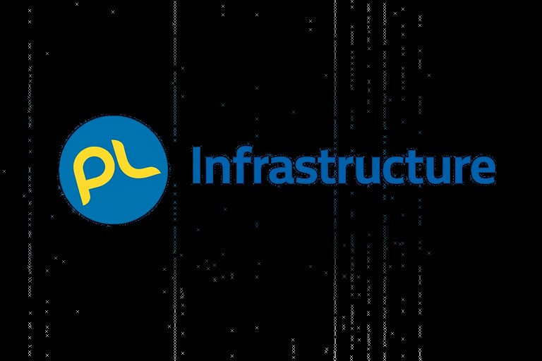 PL Infrastructure logo with blue circle containing yellow letters on dark background with digital pattern