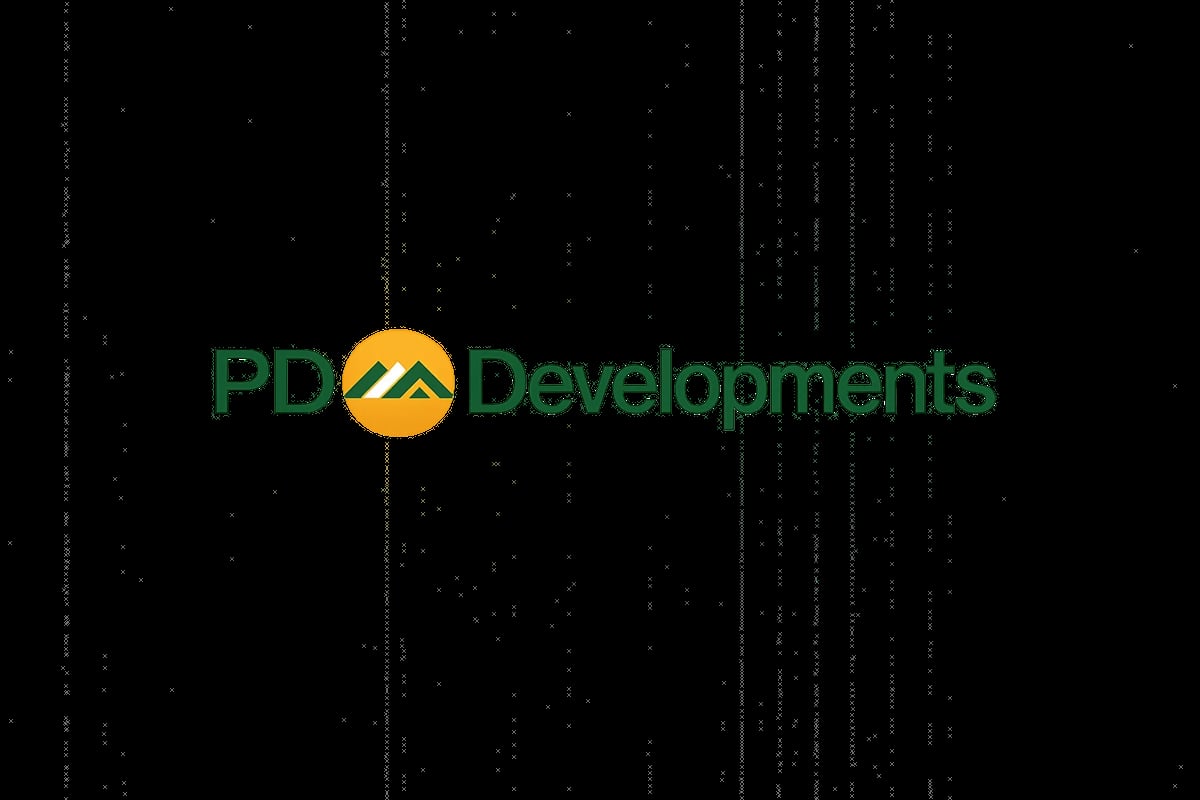 PDQ Developments logo with green text and yellow sun icon on a black background with digital code pattern