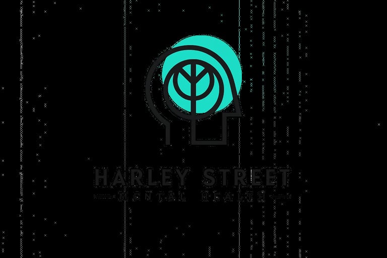 Harley Street logo with cyan leaf symbol inside circle on dark digital background